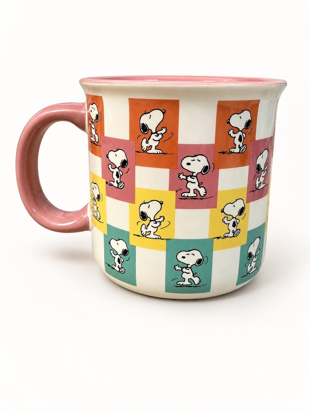 Peanuts Snoopy Ceramic Mug in Pink with Multicolor Check Design